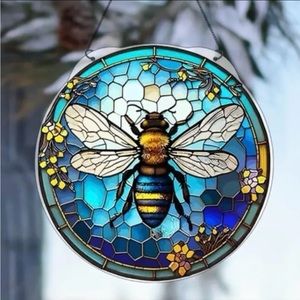 Blue & Yellow Homey Bee On Blue Honeycomb Background 2 Sided Acrylic Sun Catcher